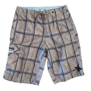 Hurley Mens Boardshorts Summer Checkered Polyester Tan Brown Plaid Size 30